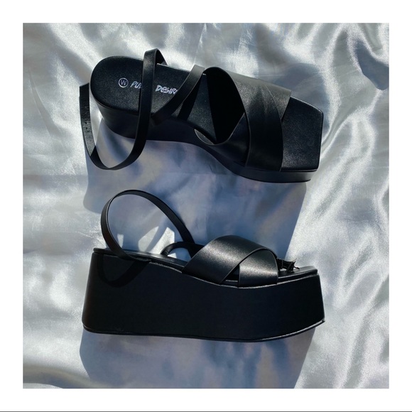 Public Desire Shoes - Brand New Public Desire Black PU Wide Fit Platform Sandals